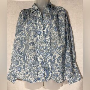 Ann Taylor Blue and White Long Sleeve Paisley Blouse Size Medium